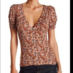 Free People Floral Hollywood Ruched Sleeve Top size XS